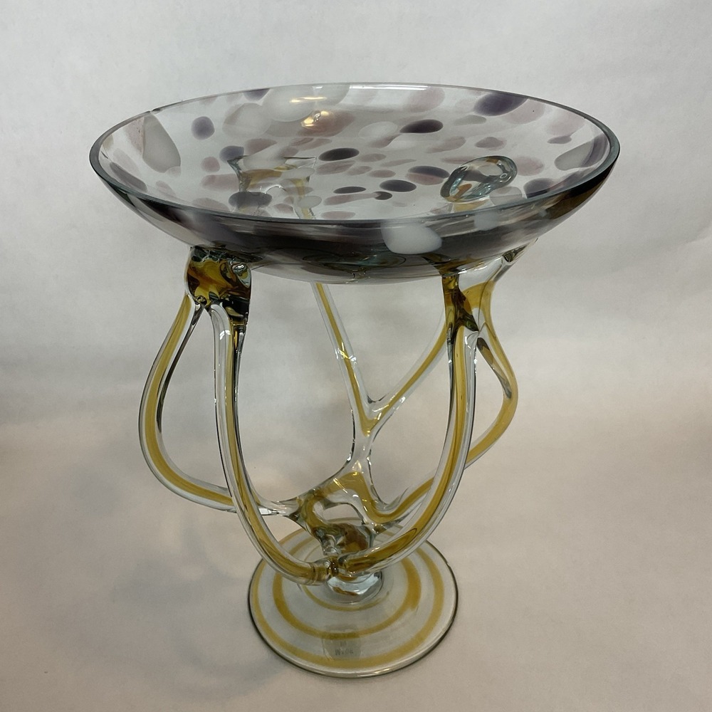Vintage Jozefina Krosno Poland Cobalt Art Glass Jellyfish Pedestal Bowl 9"